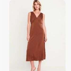 Sleeveless Satin Brown Midi Dress
